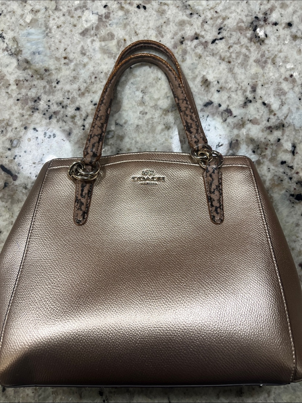 Coach Metallic Rose Gold Satchel with Snake-Print Handles